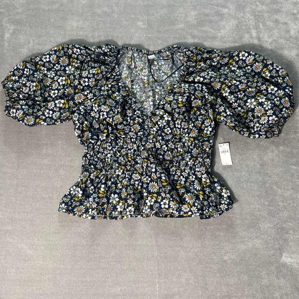 Old Navy Womens Small Navy Floral Puff Sleeve Smocked Peplum Top 704150-01-1 NEW